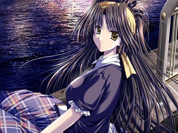 Anime picture 1024x768 with sky (game) irie ran akira (usausa) single long hair black hair yellow eyes game cg girl water hairband