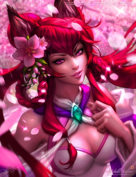 Anime picture 1009x1306 with original kasai (original) michelle hoefener single long hair tall image looking at viewer fringe breasts upper body red hair pink eyes hair flower lips realistic lipstick fox girl eyebrows pink lipstick girl