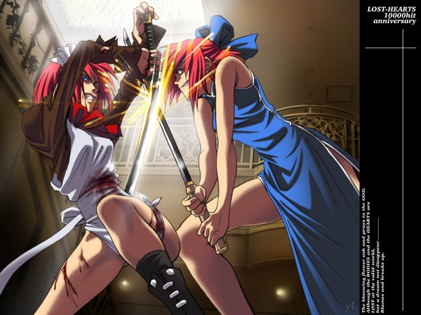 Anime picture 1685x1265 with shingetsutan tsukihime type-moon kohaku (tsukihime) hisui (tsukihime) mr chin wi-z garage highres smile bare shoulders multiple girls bent knee (knees) red hair indoors long sleeves profile sparkle grin chinese clothes battle ranguage