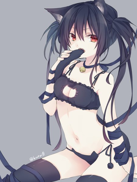 Anime picture 1050x1400 with original kuroi (liar-player) single long hair tall image looking at viewer fringe breasts open mouth light erotic black hair simple background hair between eyes red eyes sitting twintails bare shoulders holding signed animal ears