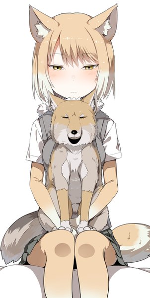 Anime picture 662x1316 with kemono friends tibetan sand fox (kemono friends) greatmosu single tall image looking at viewer blush fringe short hair simple background blonde hair white background sitting animal ears yellow eyes white hair tail animal tail pleated skirt multicolored hair