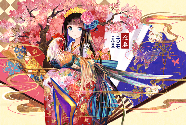 Anime picture 888x600 with original fuzichoco single long hair looking at viewer fringe blue eyes black hair smile holding blunt bangs traditional clothes japanese clothes hair flower cherry blossoms floral print new year happy new year 2017 girl