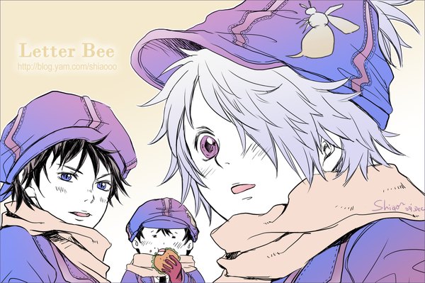 Anime picture 1417x944 with tegami bachi lag seeing zazie winters connor kluff shiao 2 fringe short hair blue eyes black hair simple background white background purple eyes white hair hair over one eye eating boy uniform hat scarf cap