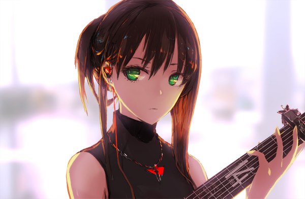 Anime picture 1300x851 with idolmaster idolmaster cinderella girls shibuya rin lowlight kirilenko single long hair looking at viewer green eyes ponytail girl headphones necklace turtleneck guitar sleeveless turtleneck