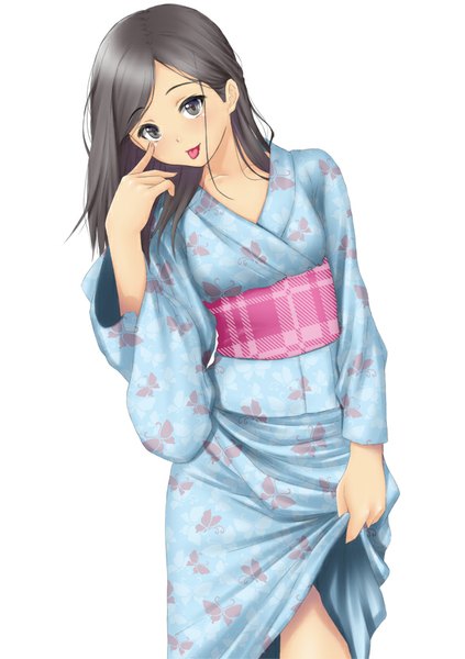 Anime picture 595x842 with original muffin (sirumeria) single long hair tall image black hair simple background white background traditional clothes japanese clothes black eyes animal print butterfly print akanbe girl tongue yukata