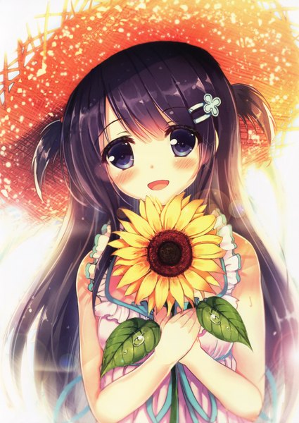 Anime picture 2122x2996 with original akabane (zebrasmise) single long hair tall image looking at viewer blush highres open mouth blue eyes black hair scan girl dress flower (flowers) hat sundress straw hat sunflower