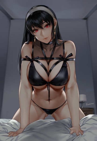 Anime picture 4500x6500 with spy x family yor briar easonx single long hair tall image looking at viewer fringe highres breasts light erotic black hair hair between eyes red eyes large breasts signed absurdres indoors head tilt underwear only