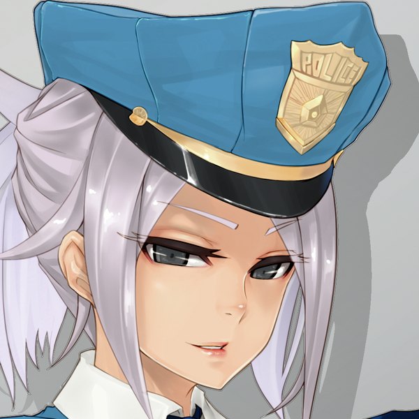 Anime picture 996x996 with league of legends riven (league of legends) caooll (co-ohol) single looking at viewer short hair simple background grey hair black eyes grey background close-up face girl uniform flat cap police uniform