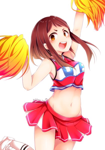 Anime picture 700x1000 with boku no hero academia studio bones uraraka ochako chikuwa savi single long hair tall image looking at viewer breasts open mouth simple background smile brown hair white background brown eyes signed bent knee (knees) :d pleated skirt arms up