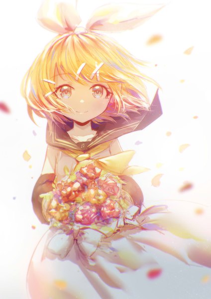 Anime picture 1061x1500 with vocaloid kagamine rin lengchan (fu626878068) single tall image looking at viewer short hair blonde hair simple background smile white background holding wind blurry grey eyes depth of field sailor collar girl flower (flowers) bow