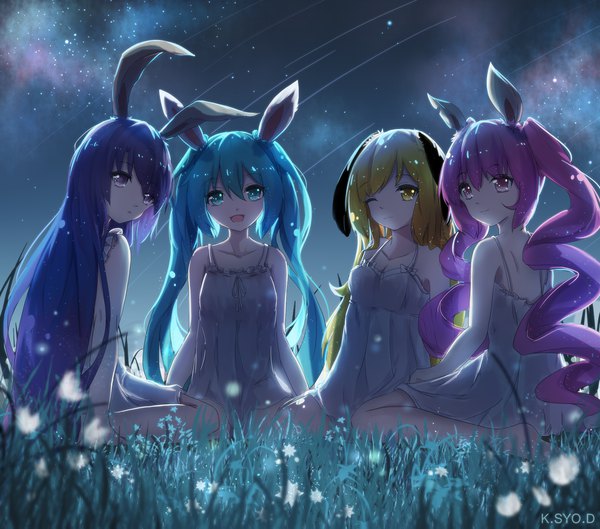Anime picture 1920x1695 with original asahi kuroi long hair looking at viewer fringe highres open mouth blonde hair smile hair between eyes sitting purple eyes twintails multiple girls animal ears yellow eyes pink hair purple hair parted lips :d