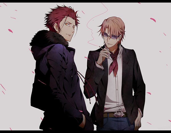 Anime picture 1000x780 with k-project gohands (studio) mikoto suoh kusanagi izumo yun (neo) looking at viewer short hair simple background blonde hair smile standing yellow eyes red hair looking back light smile open clothes open jacket multiple boys letterboxed smoke