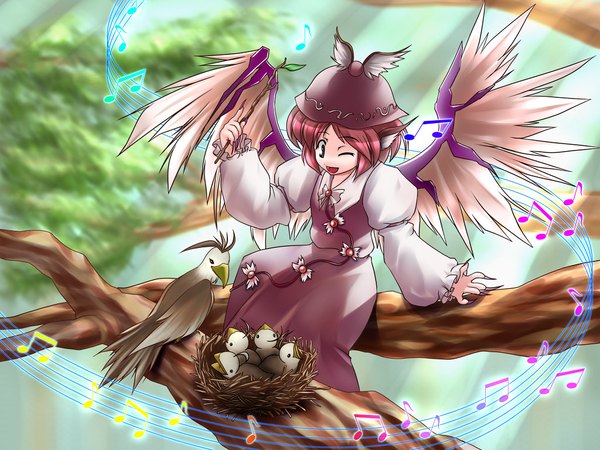 Anime picture 1024x768 with touhou mystia lorelei jerry music girl plant (plants) animal tree (trees) bird (birds)