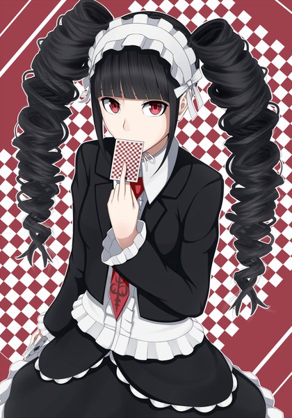 Anime picture 700x1000 with dangan ronpa celestia ludenberg heisei yutorin single long hair tall image looking at viewer black hair red eyes twintails drill hair goth-loli girl dress headdress card (cards)