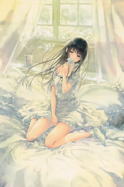 Anime picture 2651x4000 with flowers (innocent grey) innocent grey shirahane suou sugina miki single long hair tall image blush highres black hair sitting full body bent knee (knees) black eyes scan official art wariza girl dress flower (flowers)