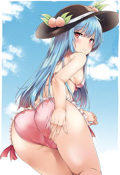 Anime picture 689x1000 with touhou hinanawi tenshi yuhito (ablbex) single long hair tall image looking at viewer blush fringe breasts light erotic red eyes blue hair sky cloud (clouds) ass looking back leaning leaning forward sideboob