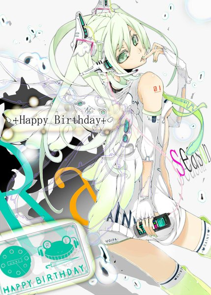 Anime picture 1200x1677 with vocaloid hatsune miku yume koreshiki single long hair tall image looking at viewer breasts open mouth simple background white background twintails bare shoulders green eyes nail polish looking back green hair back finger to mouth girl