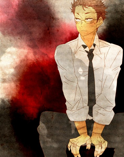 Anime picture 1400x1771 with dorohedoro mappa shin (dorohedoro) endou (artist) single tall image short hair simple background red hair scar boy shirt glasses necktie pants