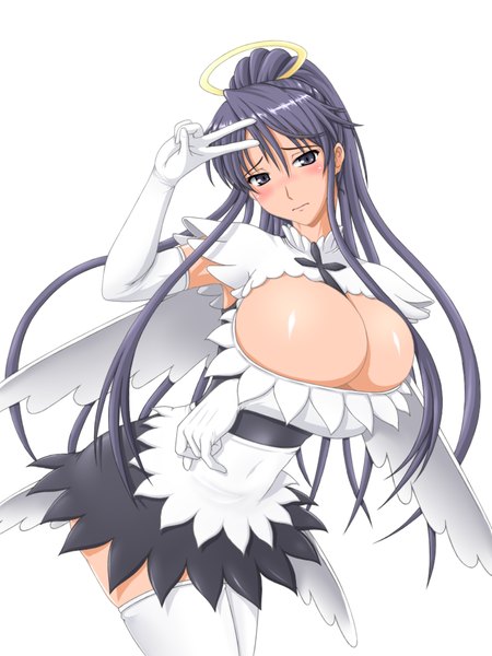 Anime picture 1028x1370 with to aru majutsu no index j.c. staff kanzaki kaori makoto (mk10) single long hair tall image breasts light erotic simple background large breasts white background purple eyes purple hair maid embarrassed girl thighhighs gloves hair ornament