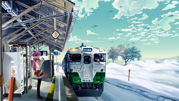 Anime picture 2118x1200 with vocaloid megurine luka rail (silverbow) long hair highres wide image pink hair sky winter snow landscape waiting girl thighhighs plant (plants) tree (trees) serafuku headphones bag train