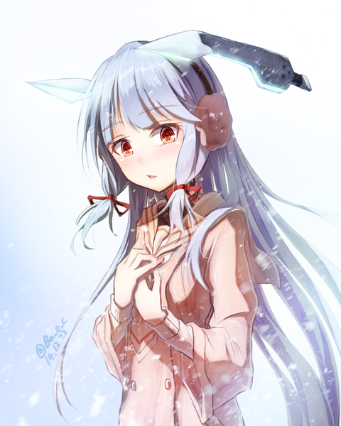 Anime picture 800x1000 with kantai collection murakumo destroyer bae.c single long hair tall image looking at viewer blush white background blue hair parted lips inscription orange eyes alternate costume tress ribbon ribbon (ribbons) hair ribbon robot ears