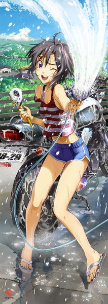Anime picture 600x1683 with idolmaster kikuchi makoto andou shuuki single tall image breasts light erotic purple eyes holding outdoors one eye closed wink bare belly wet legs happy reflection playing girl navel