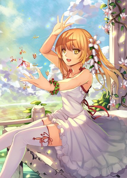 Anime picture 800x1120 with original musynexsk single long hair tall image open mouth blonde hair sitting yellow eyes sky cloud (clouds) hair flower girl thighhighs dress hair ornament flower (flowers) white thighhighs insect butterfly