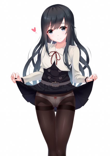 Anime picture 2480x3507 with kantai collection asashio destroyer gh (chen ghh) single long hair tall image highres blue eyes light erotic black hair simple background white background dress lift girl dress underwear panties pantyhose black pantyhose thighband pantyhose