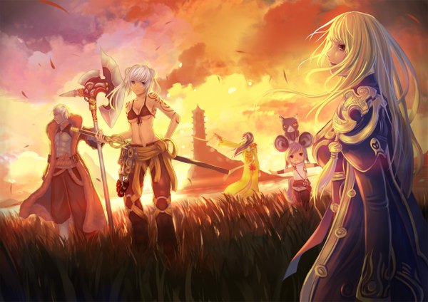 Anime picture 2480x1754 with musynexsk long hair highres short hair blue eyes blonde hair multiple girls brown eyes animal ears sky cloud (clouds) white hair tattoo girl dress boy navel weapon plant (plants) animal