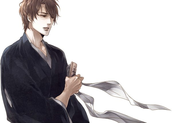 Anime picture 1259x900 with bleach studio pierrot aizen sousuke kitamura koume single short hair open mouth brown hair brown eyes traditional clothes japanese clothes gotei boy