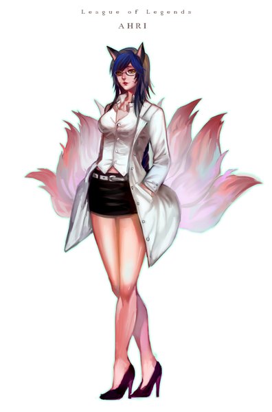Anime picture 1122x1698 with league of legends ahri (league of legends) t.k single long hair tall image looking at viewer breasts simple background brown hair standing white background animal ears yellow eyes blue hair tail braid (braids) animal tail multicolored hair lips