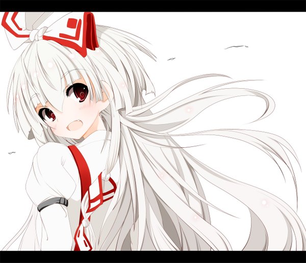 Anime picture 1292x1113 with touhou fujiwara no mokou sukage single long hair blush open mouth simple background red eyes white background white hair looking back teeth fang (fangs) letterboxed girl bow hair bow