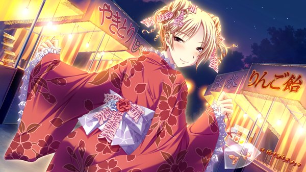 Anime picture 1280x720 with try big! - lesson intense breast massage (game) blonde hair wide image brown eyes game cg japanese clothes looking back girl bow kimono fish (fishes)