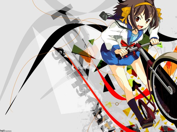 Anime picture 2048x1536 with suzumiya haruhi no yuutsu kyoto animation suzumiya haruhi honchay jaderabbit single looking at viewer highres short hair open mouth smile brown hair brown eyes long sleeves third-party edit riding girl uniform ribbon (ribbons) hair ribbon