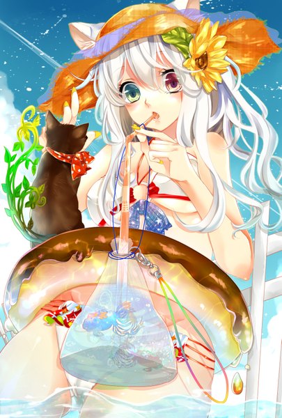 Anime picture 1181x1748 with original togashi (choco-bakama kitchen) single long hair tall image blush open mouth red eyes bare shoulders green eyes animal ears white hair nail polish cat ears teeth fang (fangs) heterochromia drinking girl flower (flowers)