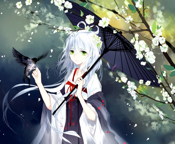 Anime picture 1500x1239 with vocaloid vocaloid china luo tianyi yu jiu single long hair looking at viewer fringe hair between eyes holding green eyes cloud (clouds) upper body outdoors white hair traditional clothes hair flower light smile wind wide sleeves