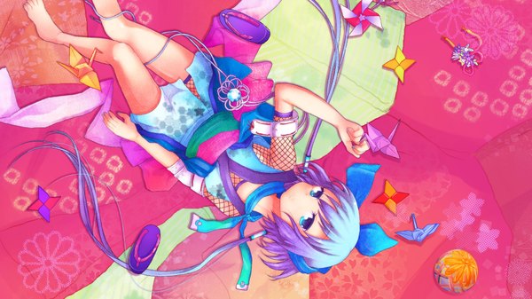 Anime picture 1920x1080 with vocaloid aoki lapis shinryou rei single long hair highres blue eyes wide image purple hair lying japanese clothes girl bow hair bow wire (wires) ninja origami