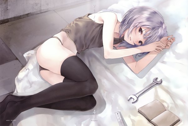 Anime picture 3211x2152 with sora no woto a-1 pictures kannagi noel kishida mel looking at viewer highres short hair light erotic purple eyes bare shoulders absurdres purple hair lying scan no shoes sleeveless girl thighhighs underwear panties