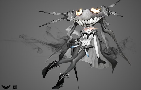 Anime picture 1200x766 with kantai collection wo-class aircraft carrier yuya togashi single long hair looking at viewer simple background smile yellow eyes silver hair teeth high heels glowing glowing eye (eyes) pale skin shinkaisei-kan girl gloves black gloves cape