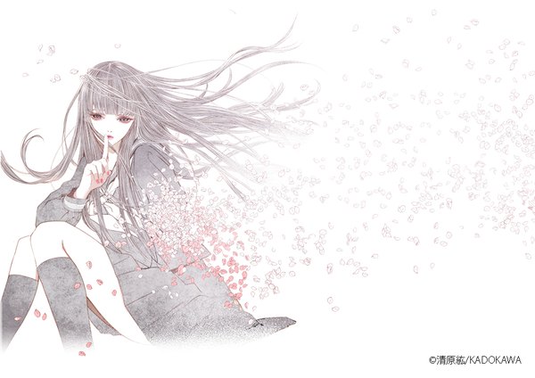 Anime picture 1000x707 with original kiyohara hiro single long hair looking at viewer fringe simple background white background sitting blunt bangs nail polish pleated skirt wind grey hair finger to mouth revision girl skirt uniform miniskirt
