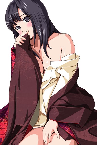 Anime picture 800x1200 with original matsunaga kouyou single long hair tall image looking at viewer blush light erotic black hair white background bare shoulders traditional clothes japanese clothes black eyes girl kimono