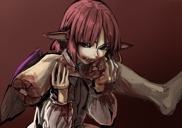 Anime picture 1770x1253 with touhou mystia lorelei shiba itsuki single highres short hair red hair pointy ears black eyes eating girl wings blood