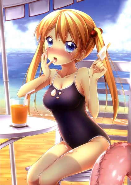 Anime picture 2312x3268 with original nullken long hair tall image blush highres open mouth blue eyes blonde hair twintails beach girl swimsuit food sweets ice cream