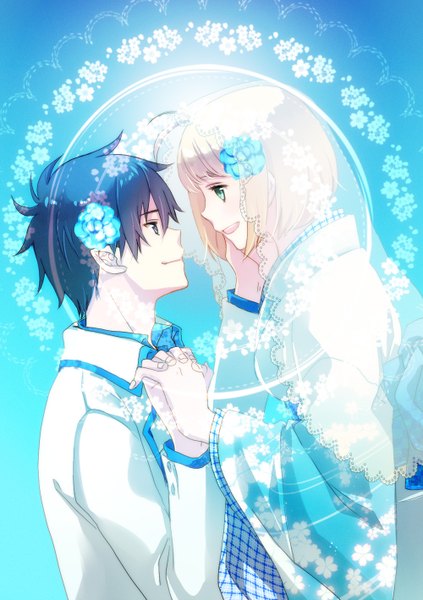 Anime picture 1000x1417 with ao no exorcist a-1 pictures okumura rin moriyama shiemi suzushiro tall image fringe short hair blonde hair smile green eyes blue hair purple hair traditional clothes japanese clothes profile hair flower aqua eyes grey eyes couple