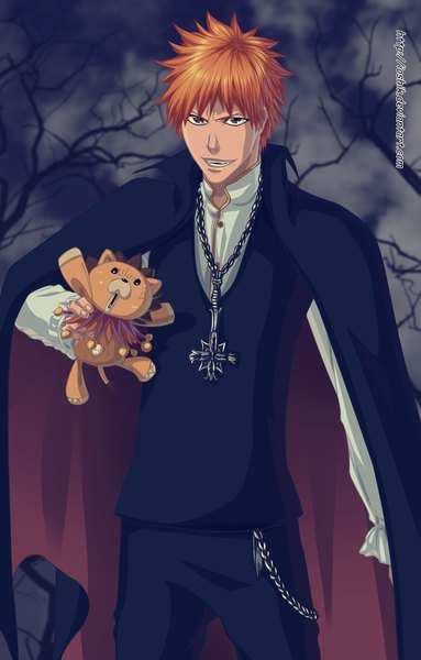 Anime picture 831x1300 with bleach studio pierrot kurosaki ichigo kon ioshik single tall image short hair smile brown eyes sky cloud (clouds) black eyes orange hair coloring boy plant (plants) tree (trees) chain cloak