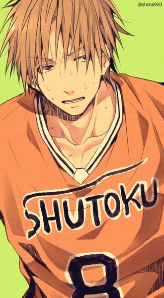 Anime picture 550x1000 with kuroko no basket production i.g miyaji kiyoshi mashima shima single tall image short hair open mouth simple background brown hair brown eyes signed looking away sweat green background boy uniform gym uniform basketball uniform