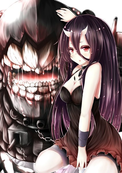 Anime picture 1000x1414 with kantai collection battleship-symbiotic hime hiiragi yashiro single long hair tall image looking at viewer blush breasts black hair hair between eyes red eyes sitting horn (horns) teeth pale skin oni horns shinkaisei-kan girl dress