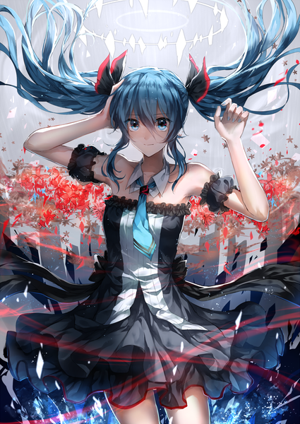 Anime picture 1000x1412 with vocaloid hatsune miku kuga huna single long hair tall image looking at viewer fringe hair between eyes twintails bare shoulders payot blue hair nail polish pleated skirt arms up floating hair hand on head expressionless glow