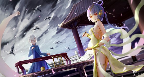 Anime picture 1500x812 with vocaloid vocaloid china luo tianyi yan he wangchuan de quanyan long hair looking at viewer fringe short hair breasts light erotic hair between eyes red eyes wide image standing bare shoulders multiple girls holding signed payot