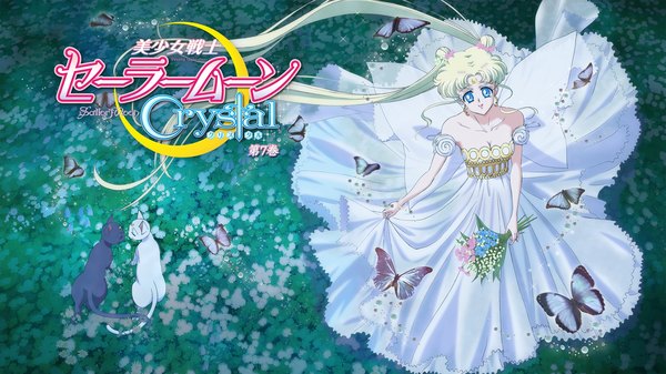 Anime picture 1920x1080 with bishoujo senshi sailor moon toei animation tsukino usagi princess serenity luna (sailor moon) artemis (sailor moon) neo queen serenity highres breasts blue eyes blonde hair wide image twintails holding cleavage very long hair hair flower from above wind night